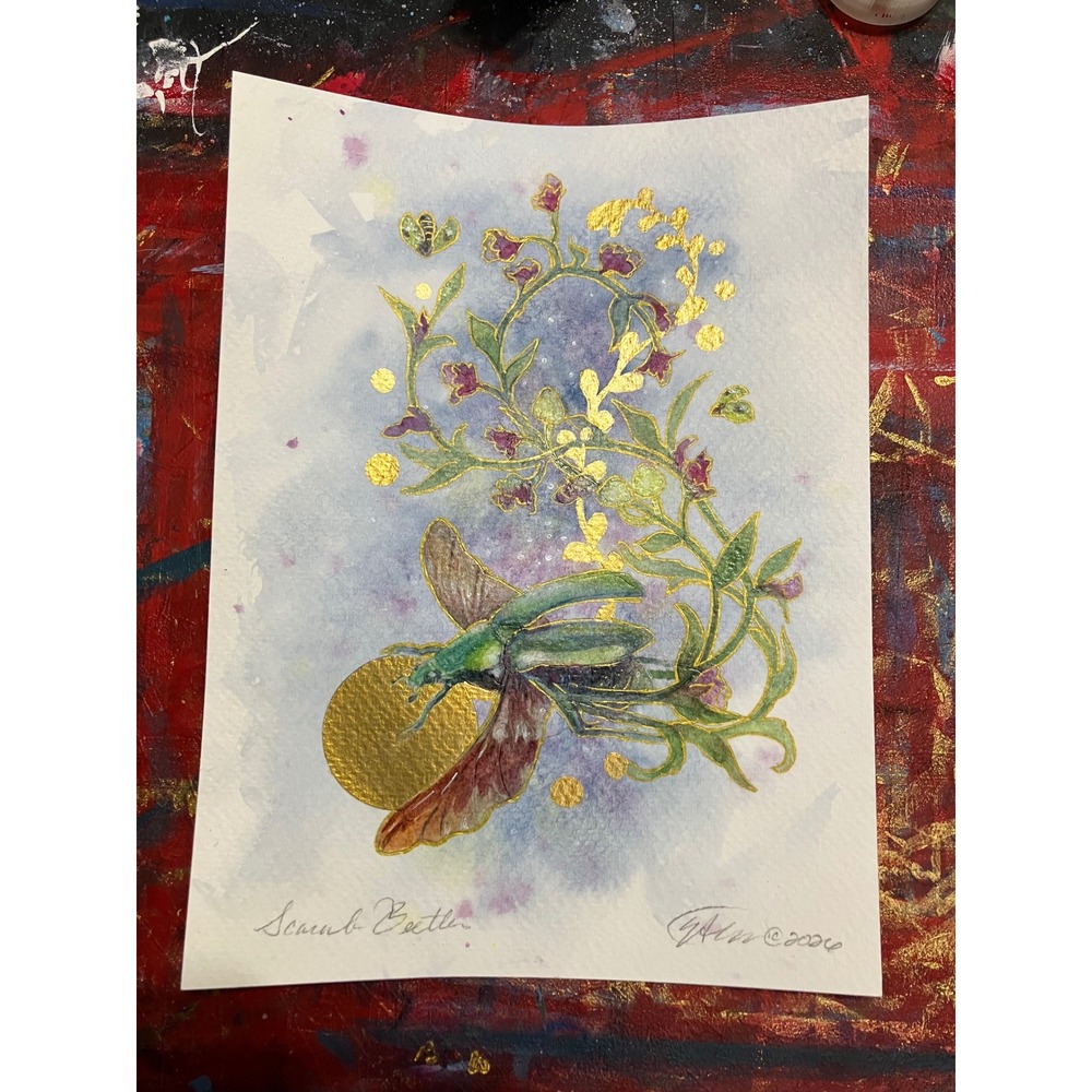 Artettina Original Scarab painting Beetle Watercolor Gold accent Painting Signed